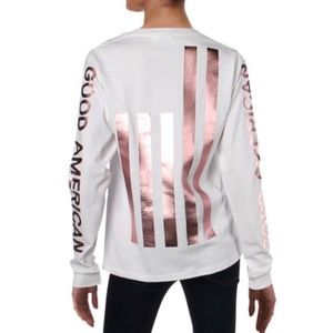 Good American White and Metallic Pink Long Sleeve Tee